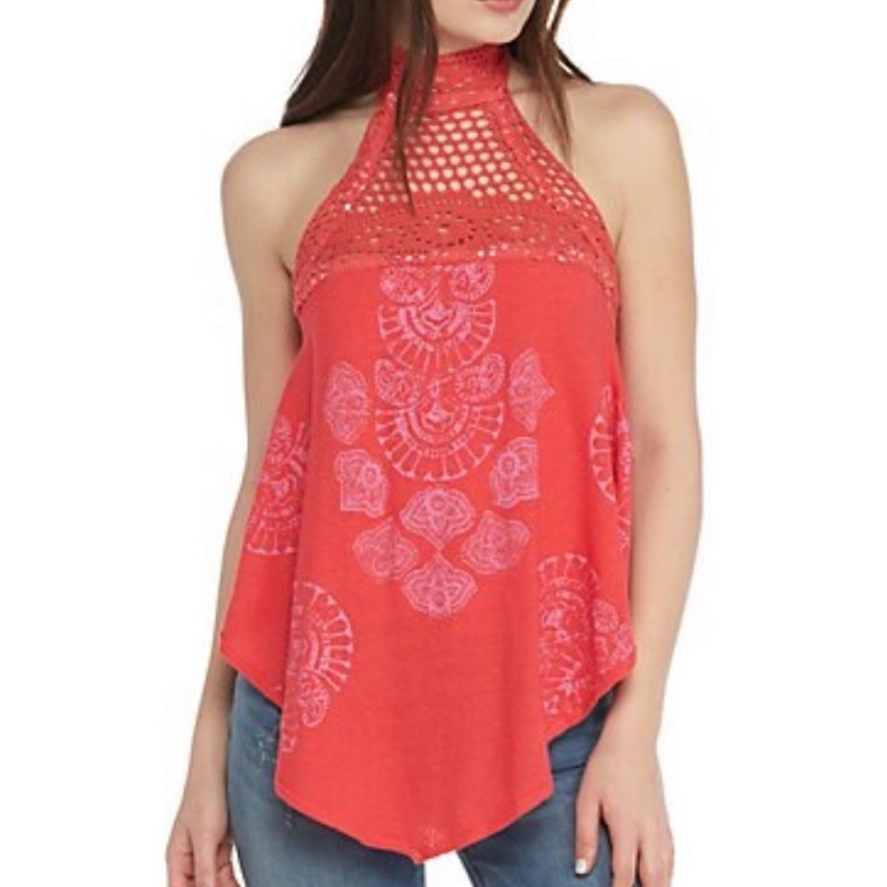 Free People Coral Mandolin Crochet Halter Top